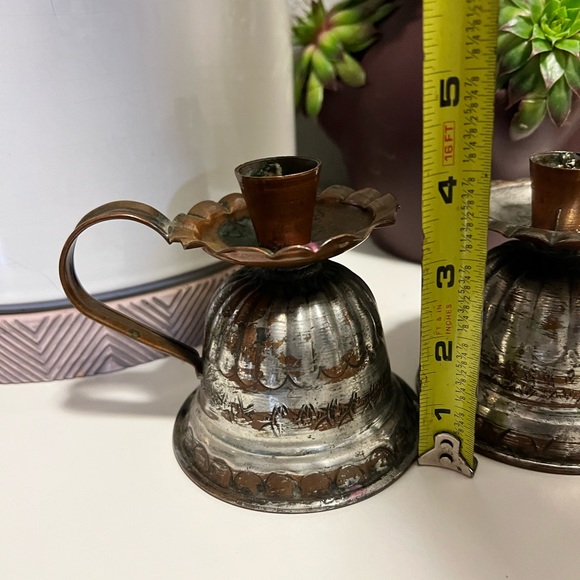United Arab Republic Copper / Tin Candle Holder Set Of 2 Chamberstick 4.5”Tall - Picture 7 of 9